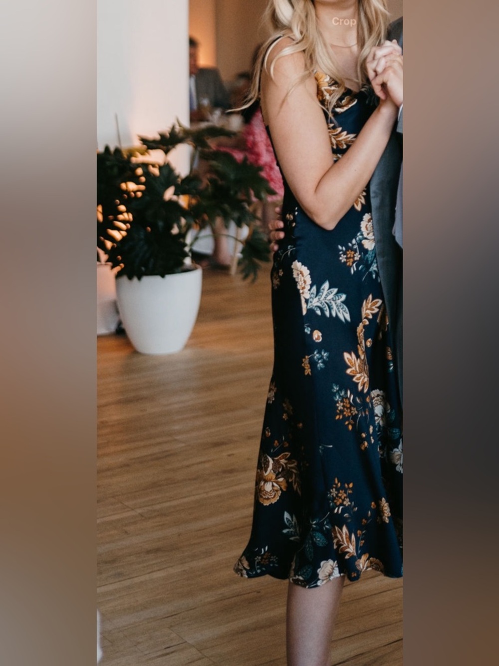 Navy Floral Slip Dress with Gold & Cream Accents